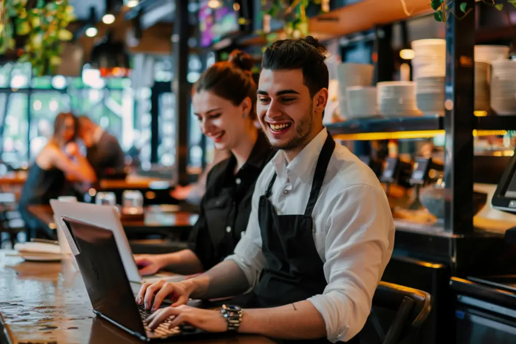 Dos Meseros Trabajando en unas Laptops en la Mesa de la Recepción de un Restaurante - Comida Cerca
